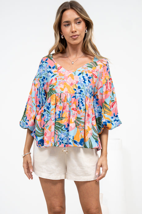 Wynter Top - Soft V Neck Peplum Top with Balloon Sleeves in Angelitta Print