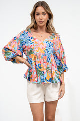 Wynter Top - Soft V Neck Peplum Top with Balloon Sleeves in Angelitta Print