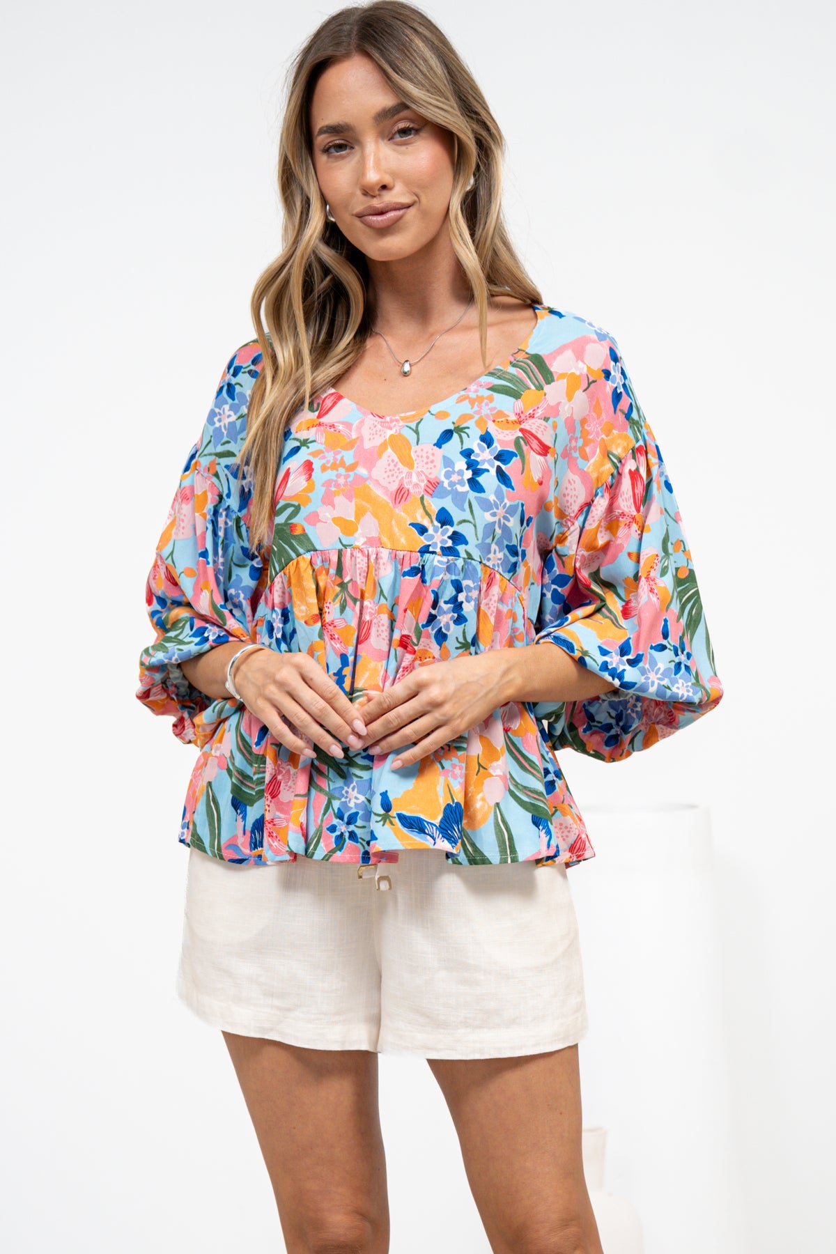 Wynter Top - Soft V Neck Peplum Top with Balloon Sleeves in Angelitta Print