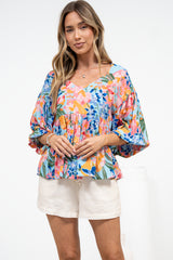 Wynter Top - Soft V Neck Peplum Top with Balloon Sleeves in Angelitta Print