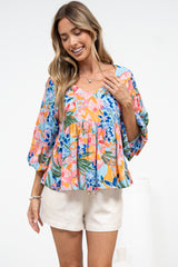 Wynter Top - Soft V Neck Peplum Top with Balloon Sleeves in Angelitta Print