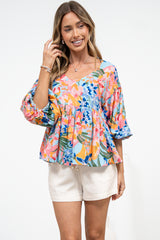 Wynter Top - Soft V Neck Peplum Top with Balloon Sleeves in Angelitta Print