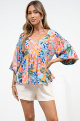 Wynter Top - Soft V Neck Peplum Top with Balloon Sleeves in Angelitta Print