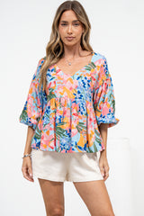 Wynter Top - Soft V Neck Peplum Top with Balloon Sleeves in Angelitta Print