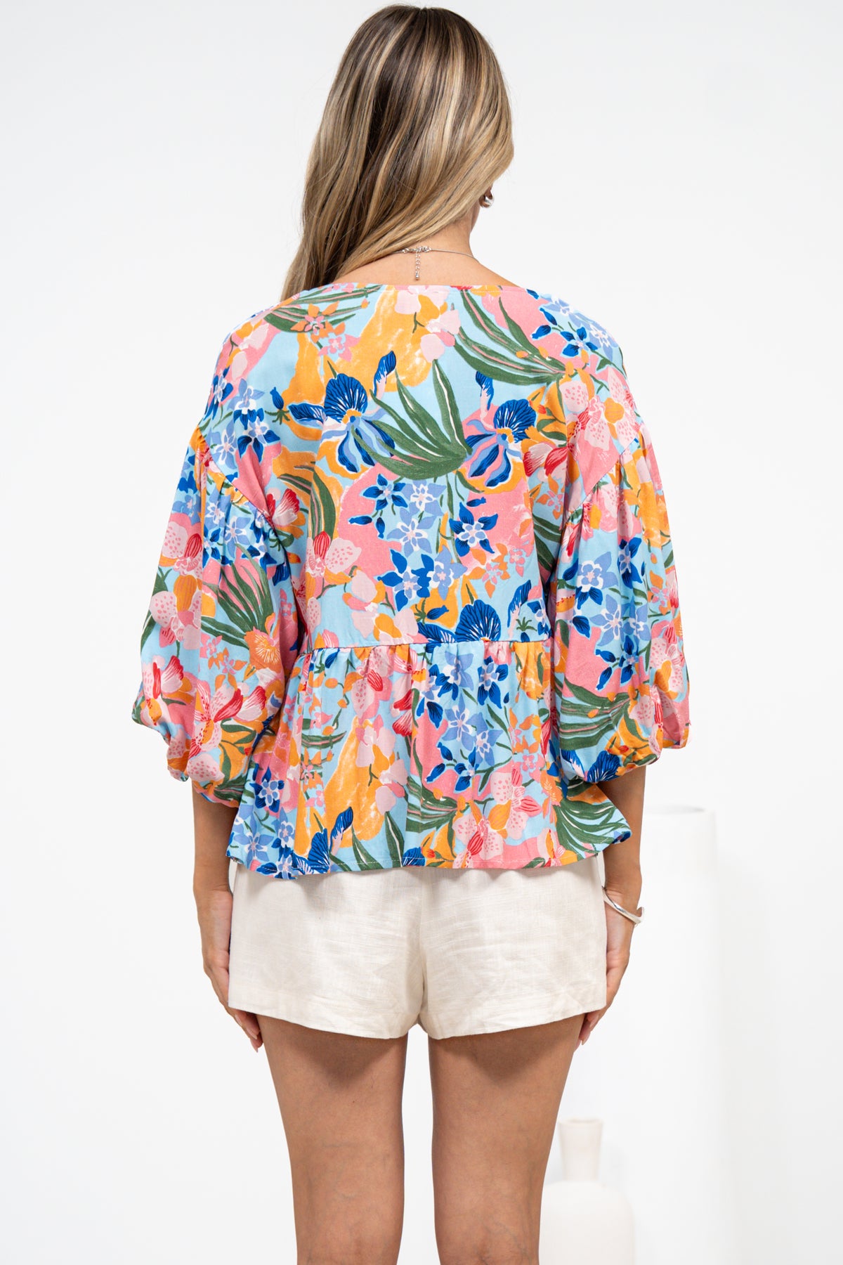 Wynter Top - Soft V Neck Peplum Top with Balloon Sleeves in Angelitta Print