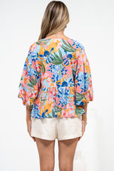 Wynter Top - Soft V Neck Peplum Top with Balloon Sleeves in Angelitta Print