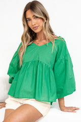 Wynter Top - Soft V Neck Peplum Top with Balloon Sleeves in Green