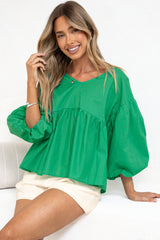 Wynter Top - Soft V Neck Peplum Top with Balloon Sleeves in Green