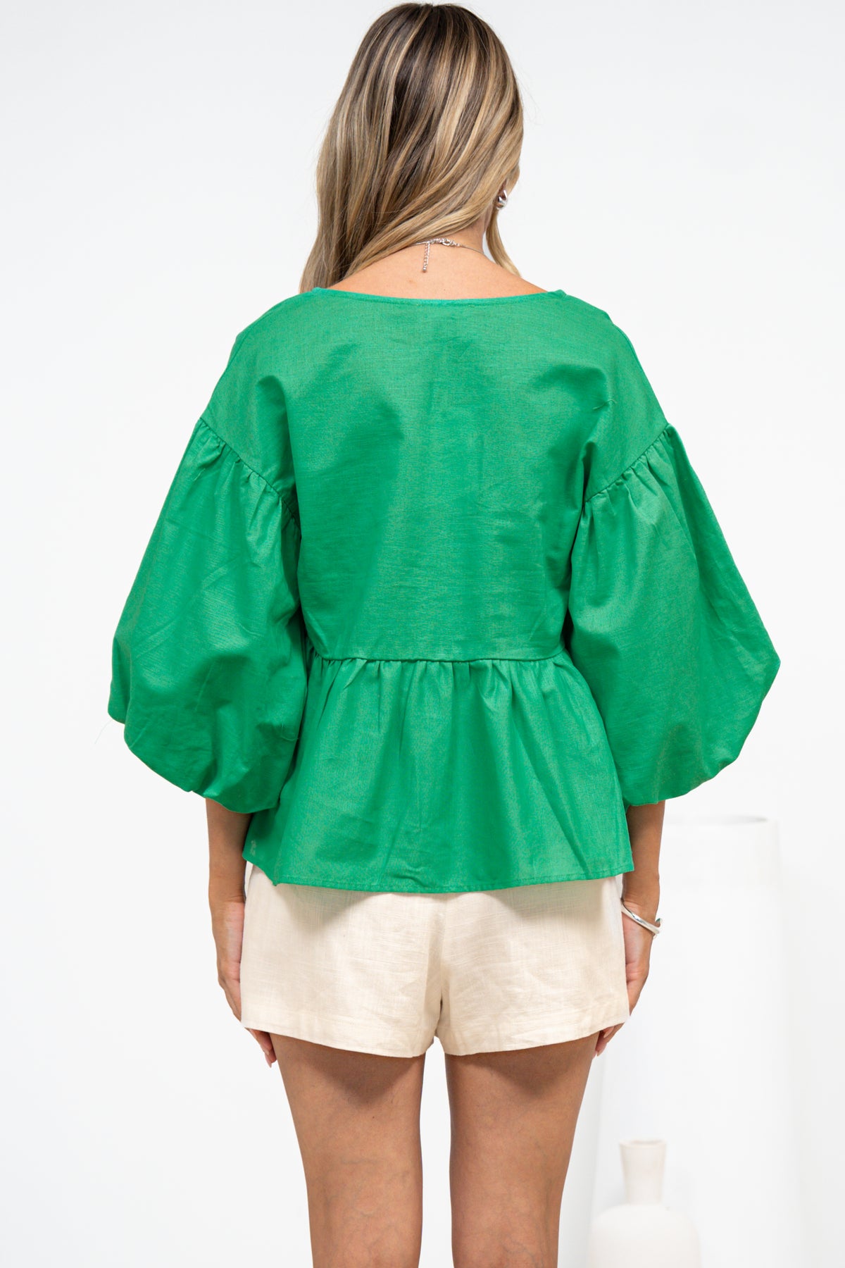 Wynter Top - Soft V Neck Peplum Top with Balloon Sleeves in Green