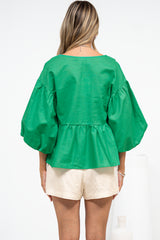 Wynter Top - Soft V Neck Peplum Top with Balloon Sleeves in Green