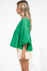 Wynter Top - Soft V Neck Peplum Top with Balloon Sleeves in Green