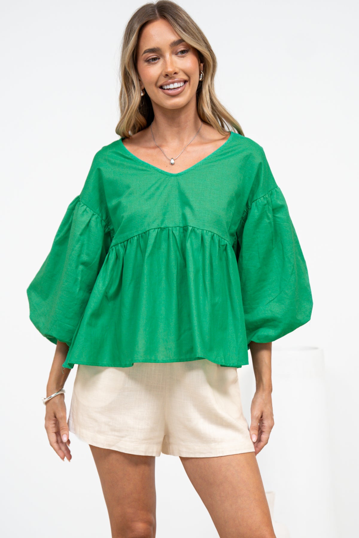 Wynter Top - Soft V Neck Peplum Top with Balloon Sleeves in Green