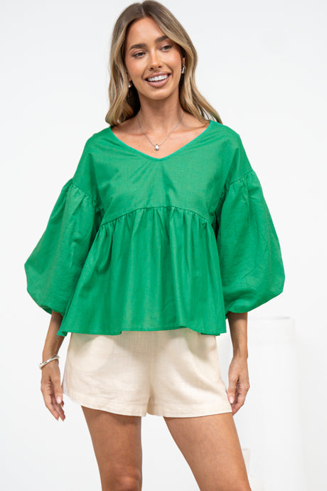 Wynter Top - Soft V Neck Peplum Top with Balloon Sleeves in Green