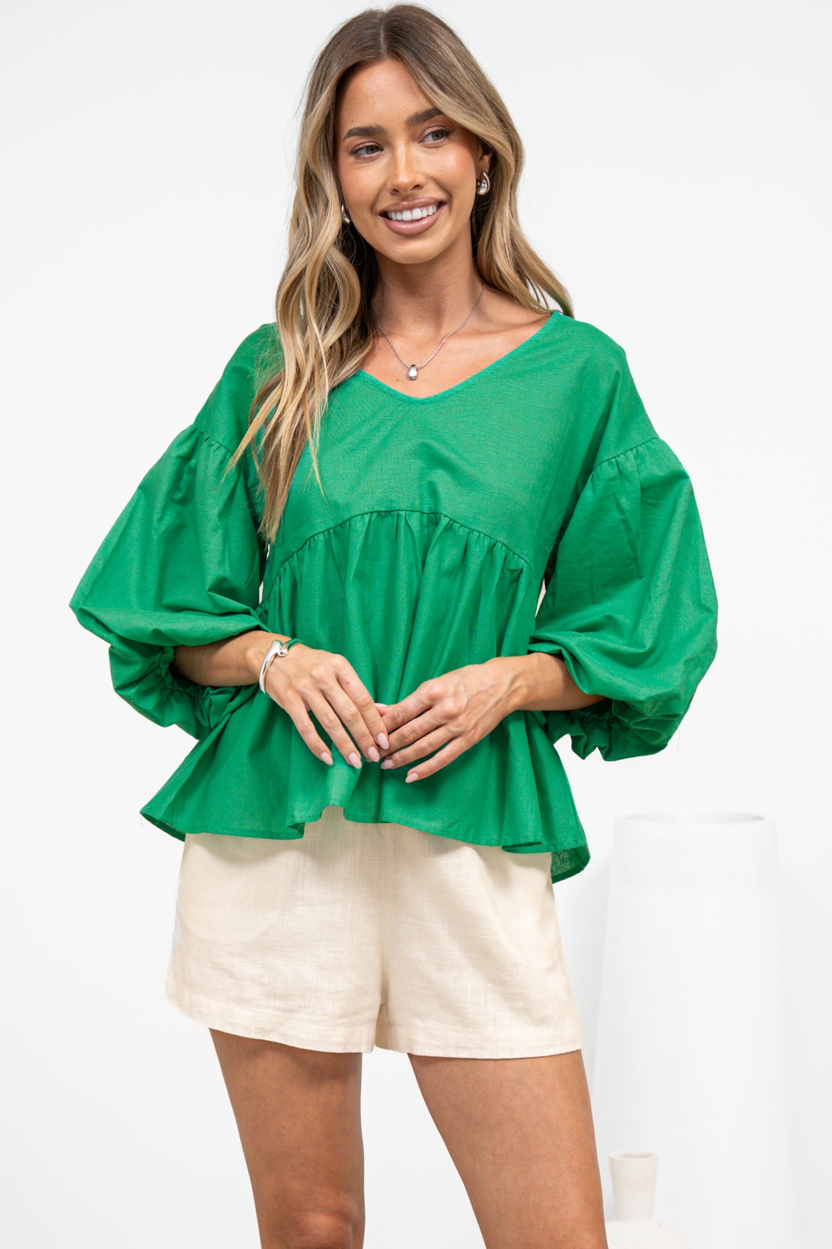 Wynter Top - Soft V Neck Peplum Top with Balloon Sleeves in Green