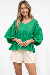 Wynter Top - Soft V Neck Peplum Top with Balloon Sleeves in Green