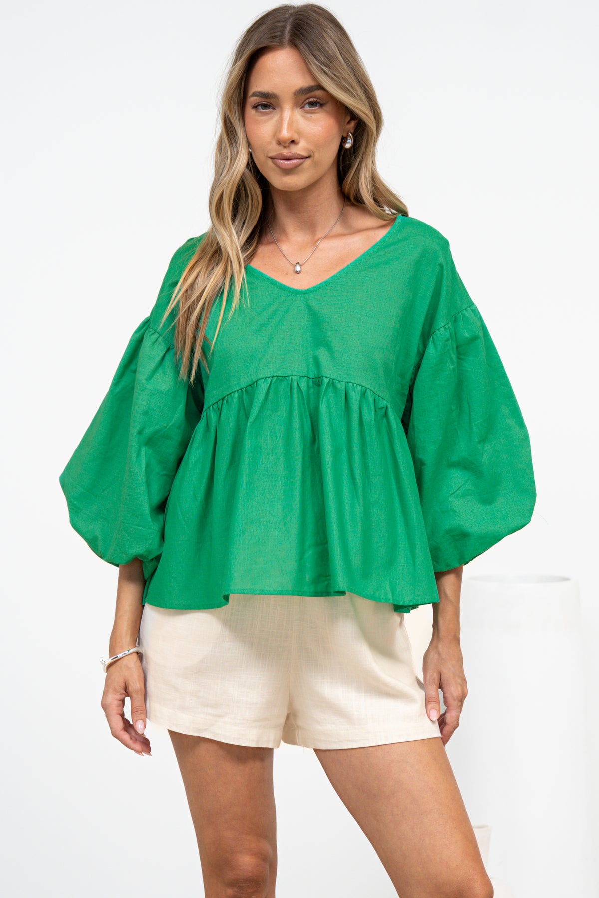 Wynter Top - Soft V Neck Peplum Top with Balloon Sleeves in Green