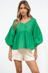 Wynter Top - Soft V Neck Peplum Top with Balloon Sleeves in Green