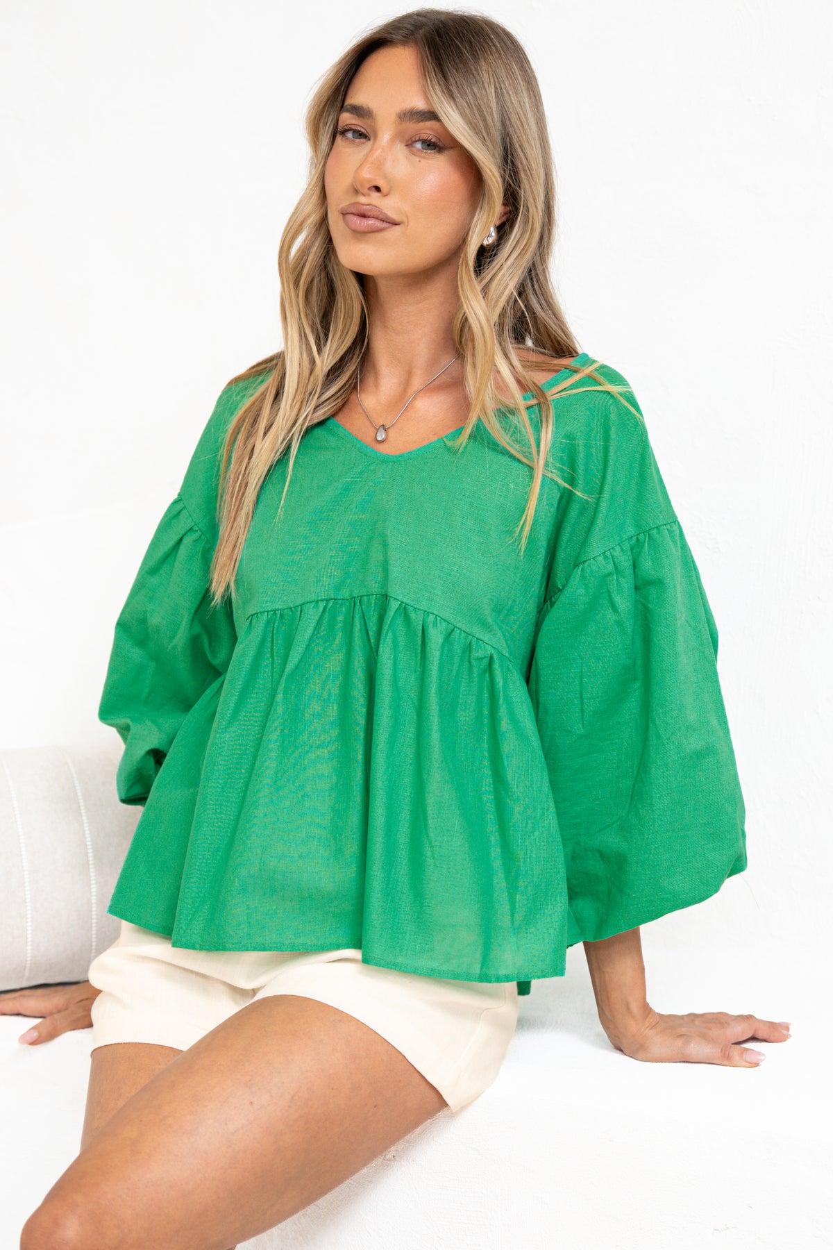 Wynter Top - Soft V Neck Peplum Top with Balloon Sleeves in Green