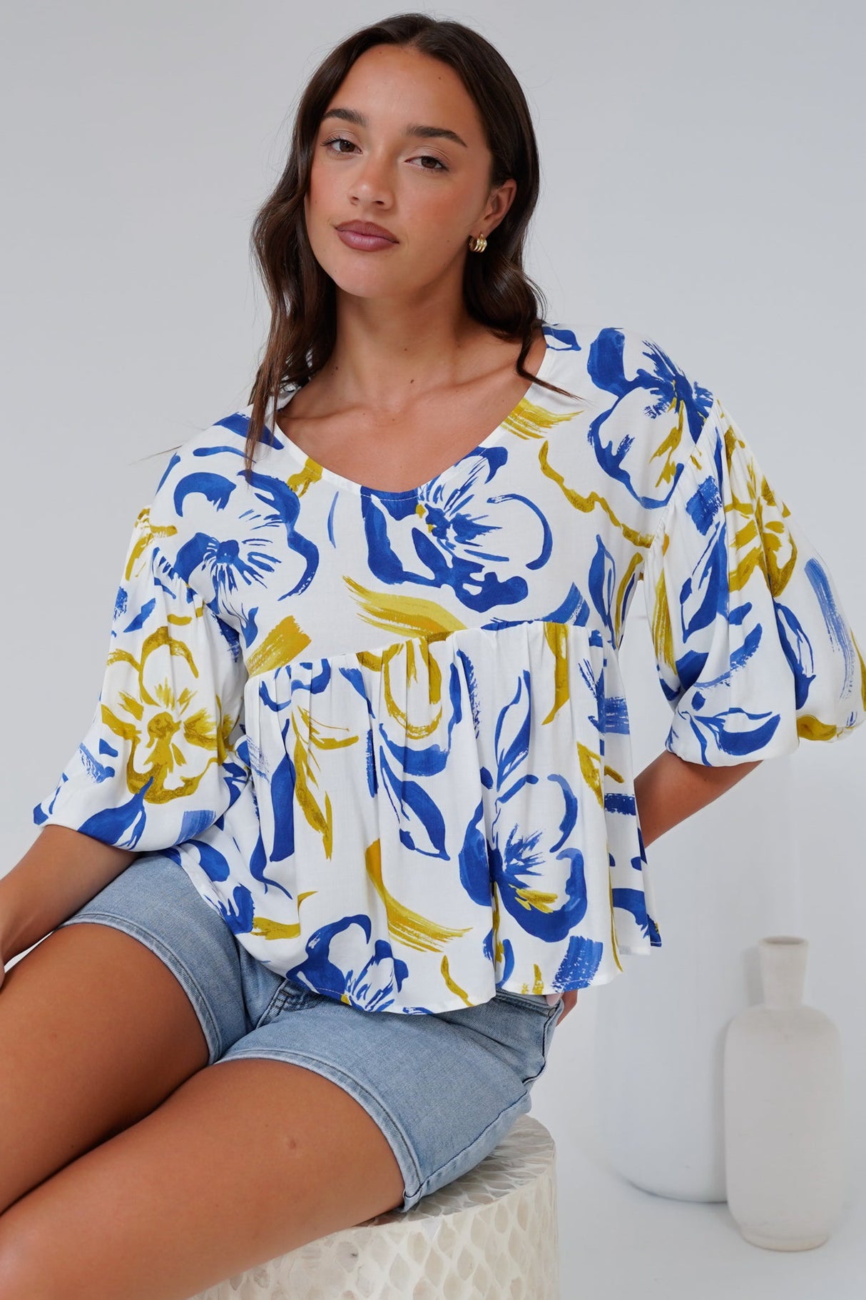 Wynter Top - Soft V Neck Peplum Top with Balloon Sleeves in Robin Print