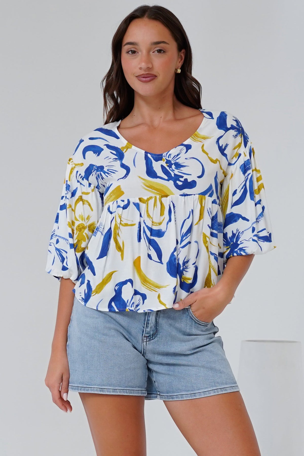 Wynter Top Soft V Neck Peplum Top Balloon Sleeves Robin Print