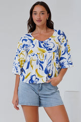 Wynter Top - Soft V Neck Peplum Top with Balloon Sleeves in Robin Print