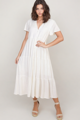 Milla Midi Dress - Tiered Cap Sleeve Button Down Linen Dress in White