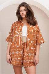 Talitha Button Up Shirt And Shorts Set - Embry Print in Orange