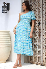 Xanthi Midi Dress - One Shoulder Elasticated Bodice Tiered Dress in Pasha Print
