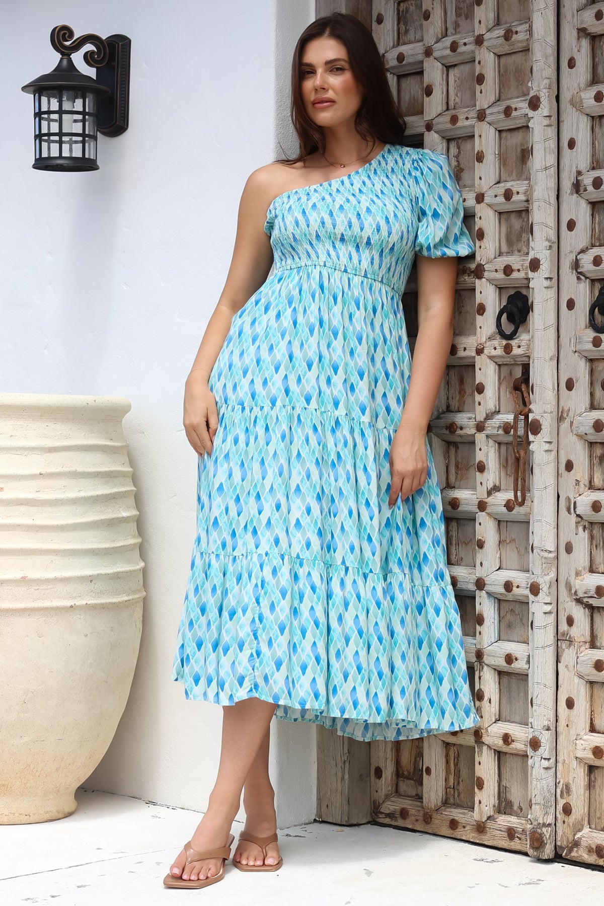 Xanthi Midi Dress One Shoulder Elasticated Bodice Tiered Dress Pasha Print