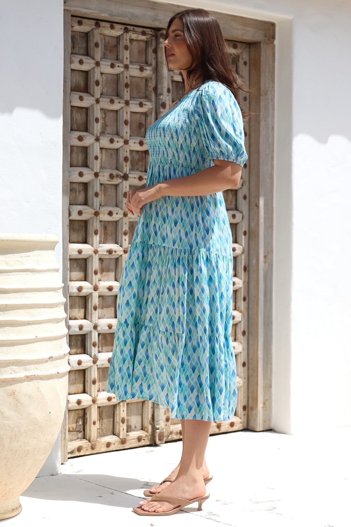 Xanthi Midi Dress - One Shoulder Elasticated Bodice Tiered Dress in Pasha Print