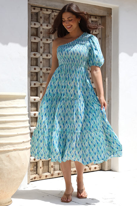 Xanthi Midi Dress - One Shoulder Elasticated Bodice Tiered Dress in Pasha Print