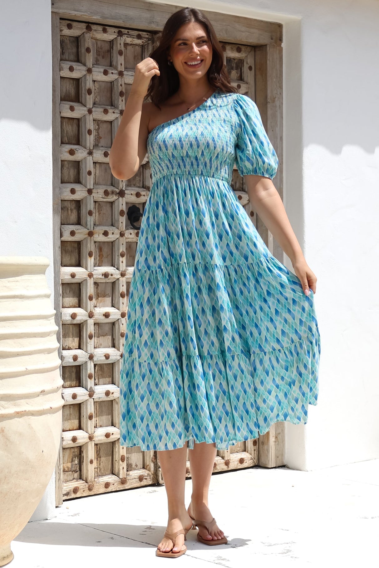 Xanthi Midi Dress - One Shoulder Elasticated Bodice Tiered Dress in Pasha Print