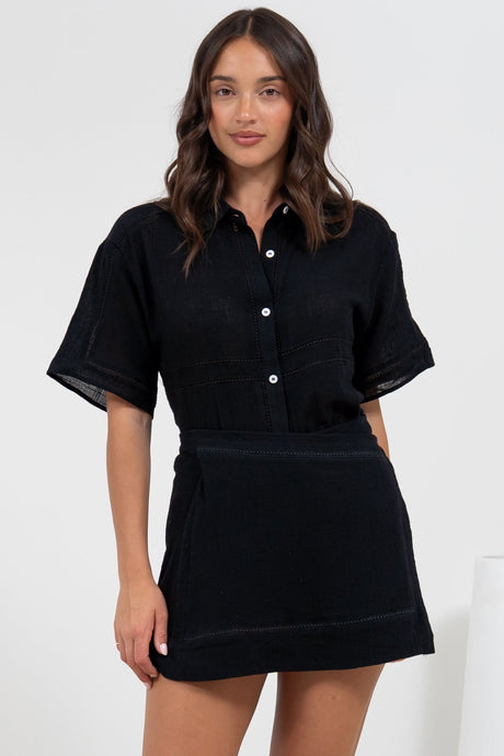 Xara Mini Skirt - High Waisted True Wrap Skirt in Black