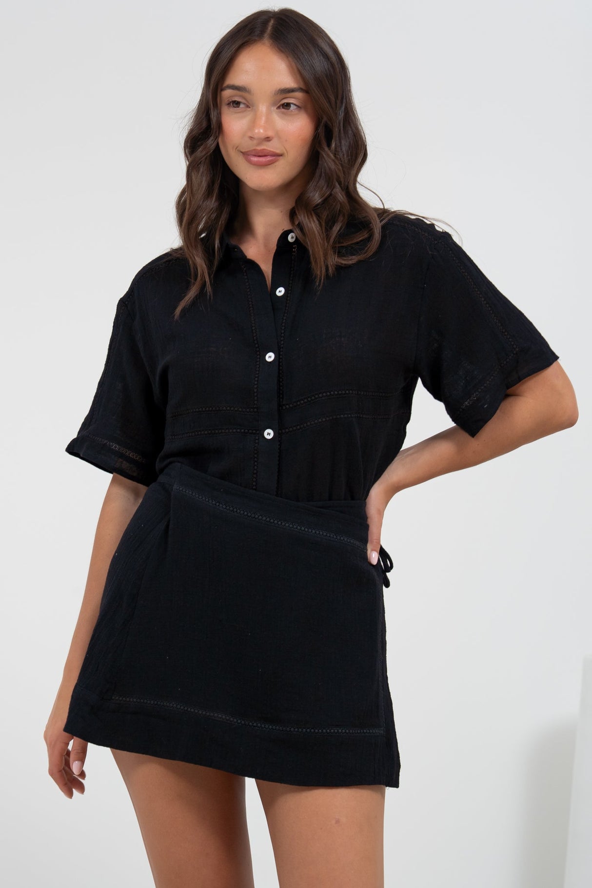 Xara Mini Skirt - High Waisted True Wrap Skirt in Black