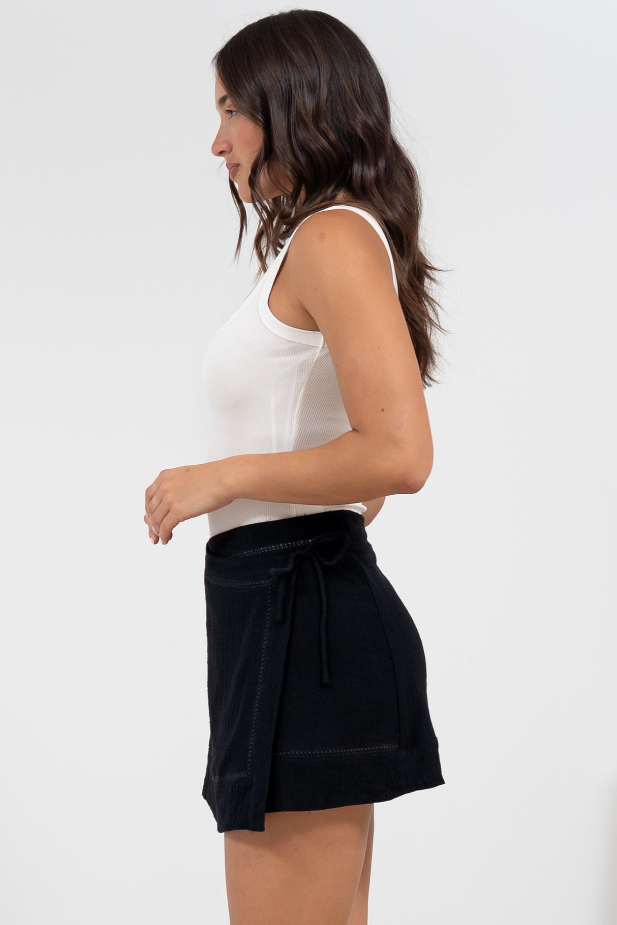 Xara Mini Skirt - High Waisted True Wrap Skirt in Black
