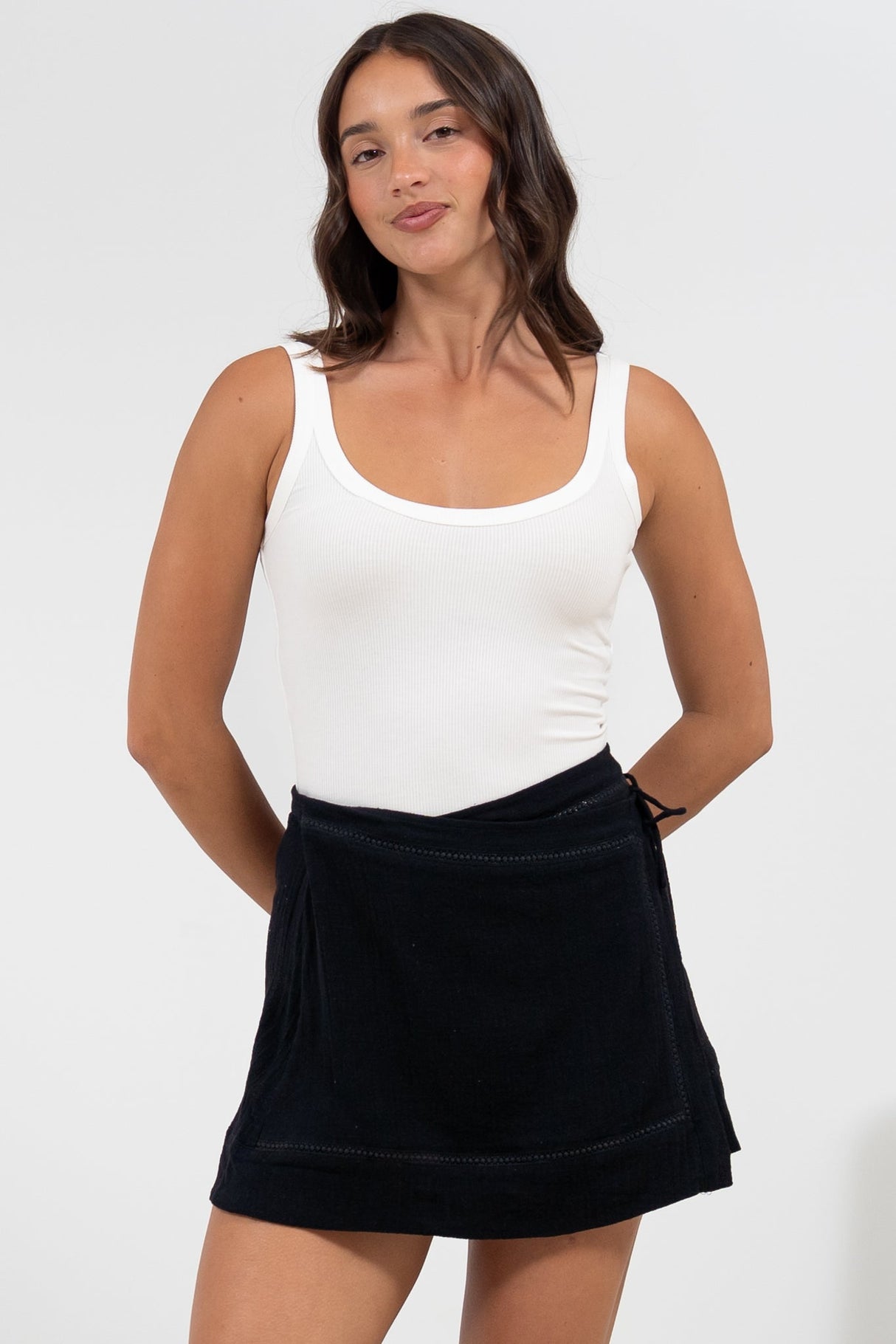 Xara Mini Skirt - High Waisted True Wrap Skirt in Black