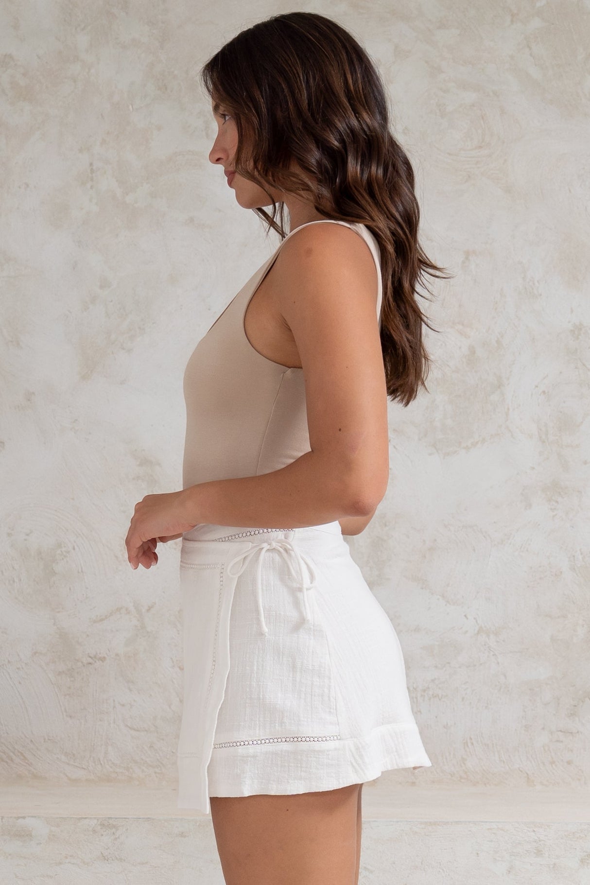 Xara Mini Skirt - High Waisted True Wrap Skirt in White