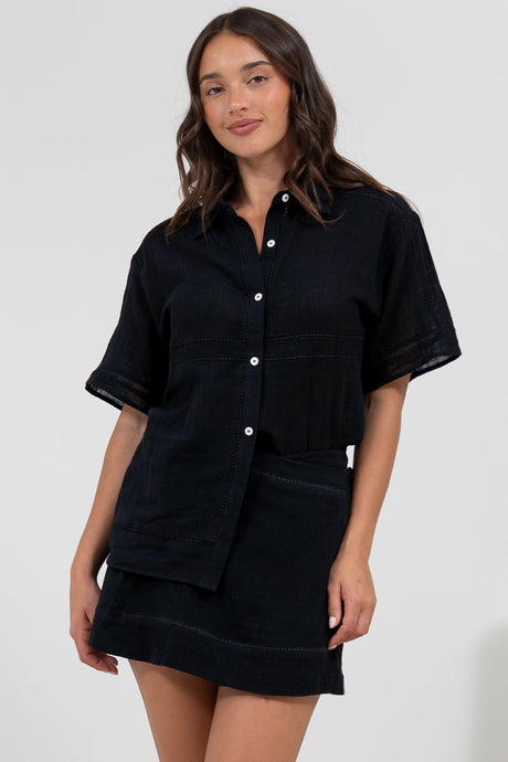 Xara Shirt - Collared Button Down with Lace Detailing in Black