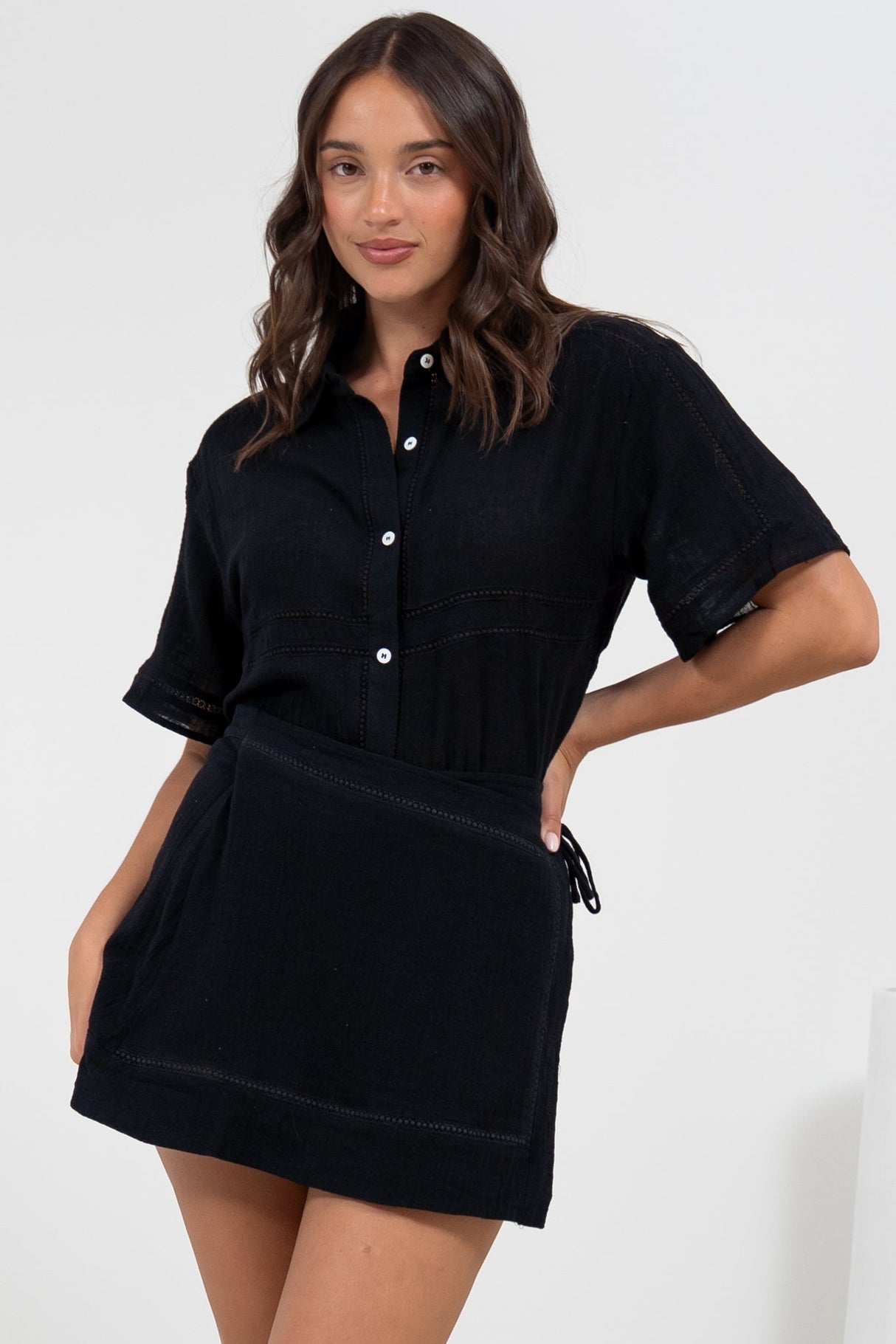 Xara Shirt - Collared Button Down with Lace Detailing in Black