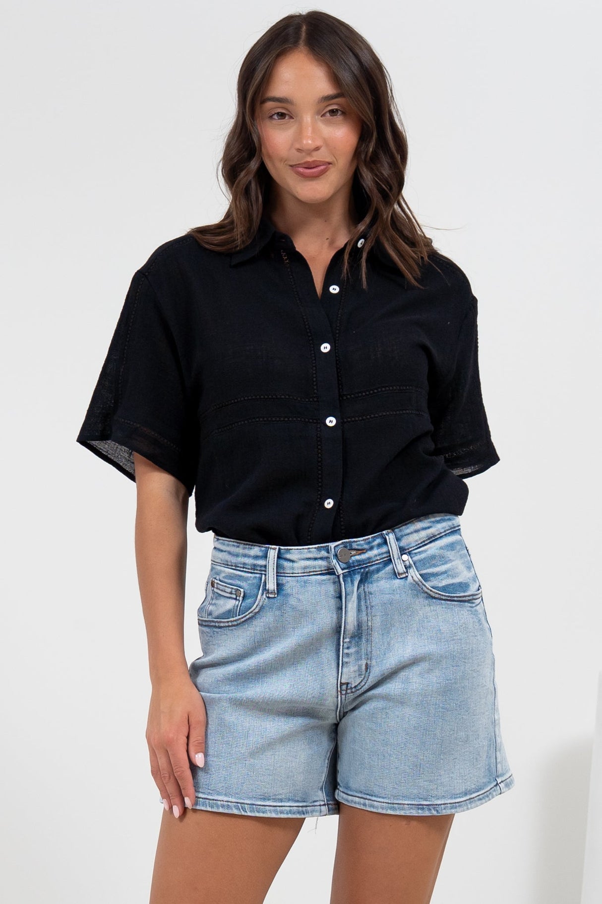 Xara Shirt - Collared Button Down with Lace Detailing in Black