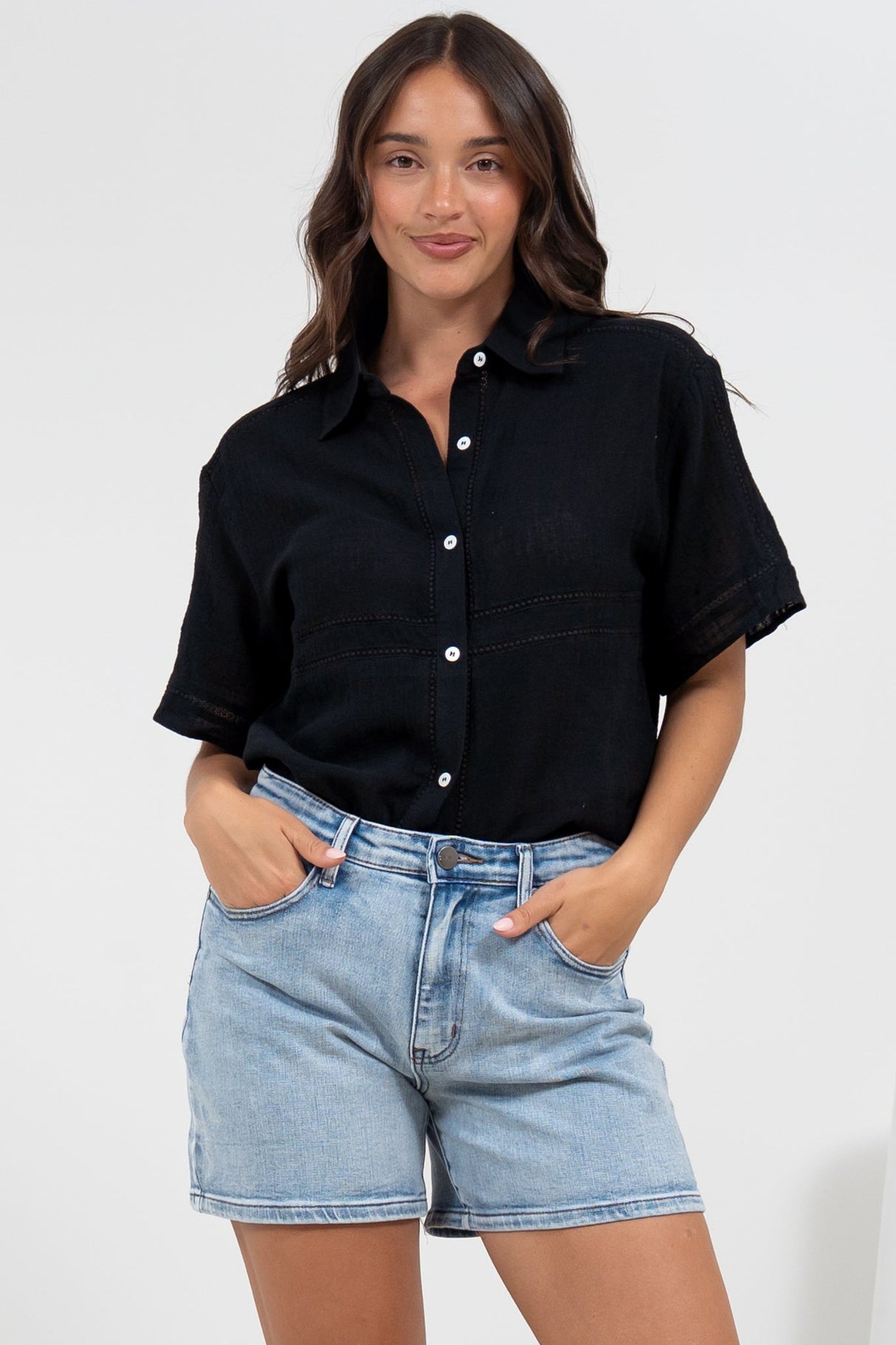 Xara Shirt - Collared Button Down with Lace Detailing in Black