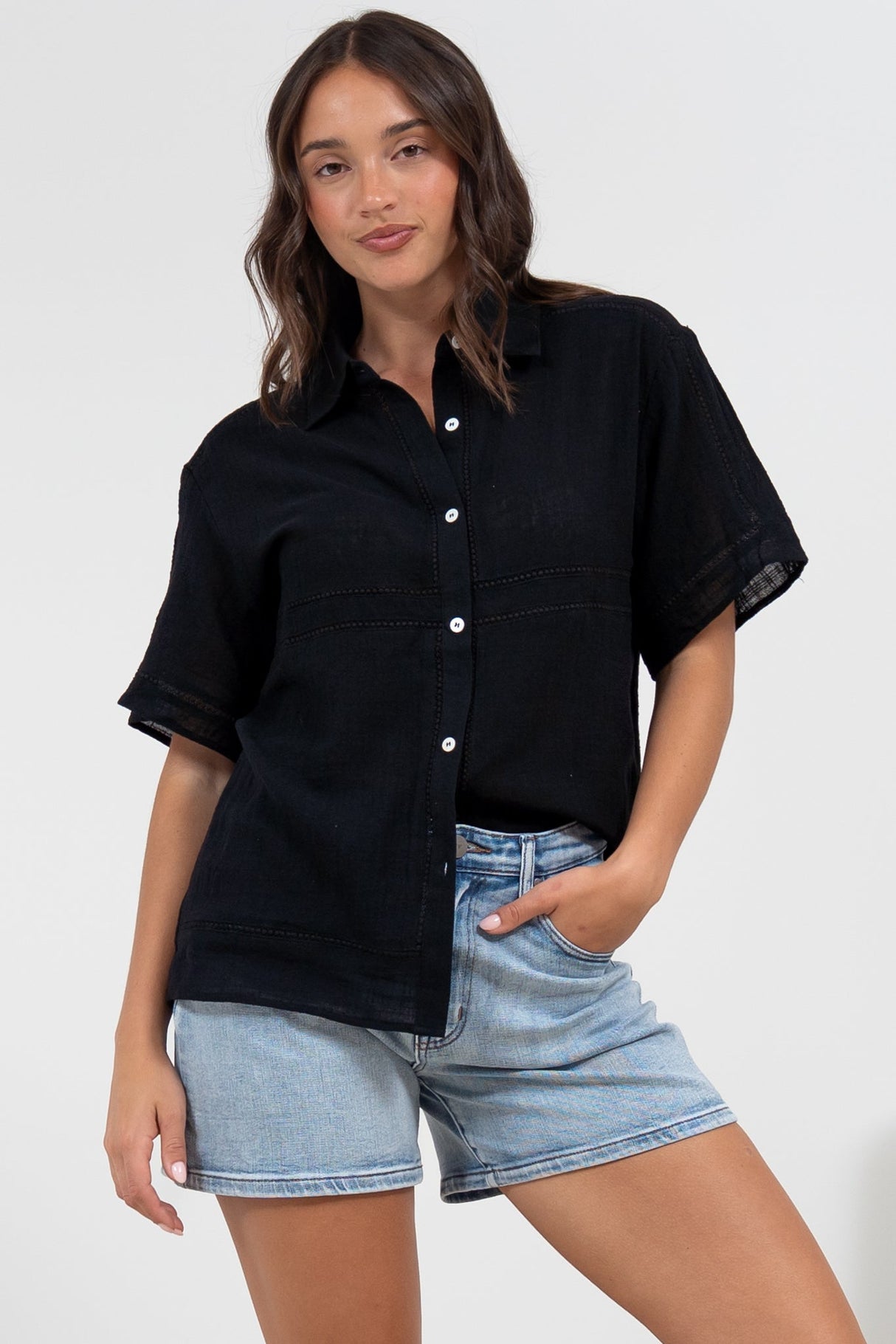 Xara Shirt - Collared Button Down with Lace Detailing in Black