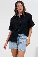 Xara Shirt - Collared Button Down with Lace Detailing in Black