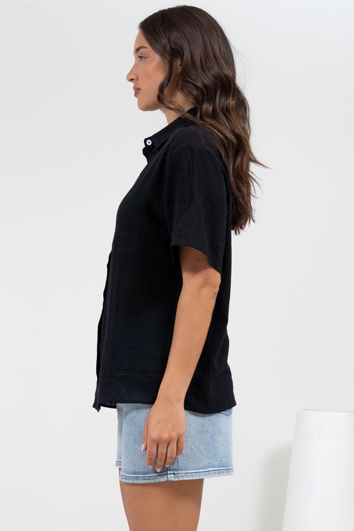 Xara Shirt - Collared Button Down with Lace Detailing in Black