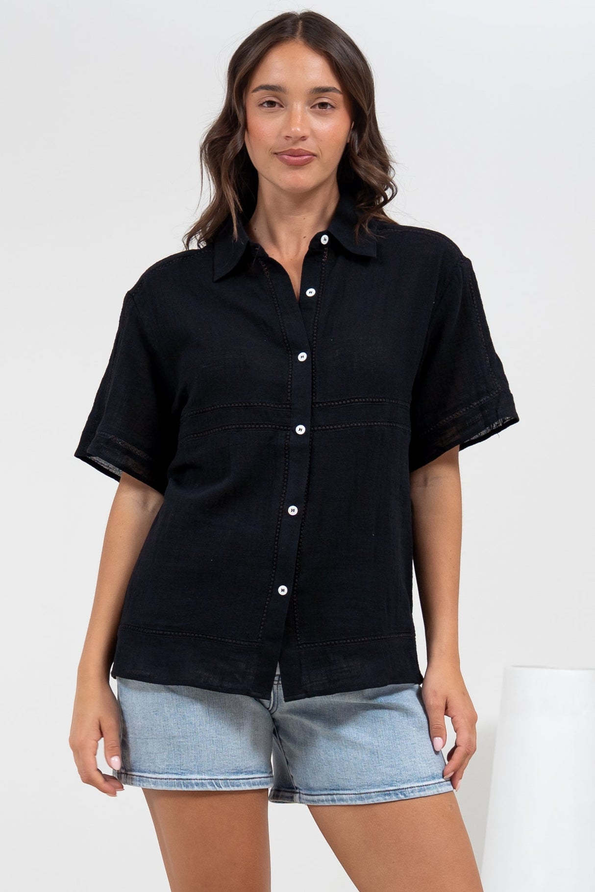 Xara Shirt - Collared Button Down with Lace Detailing in Black