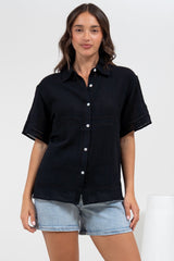 Xara Shirt - Collared Button Down with Lace Detailing in Black