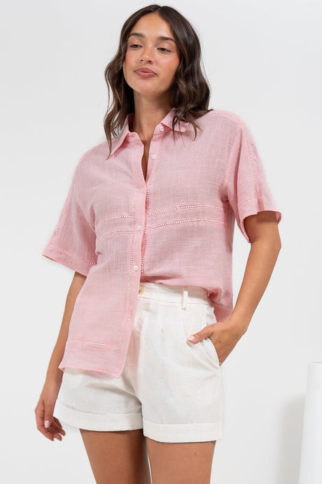 Xara Shirt - Collared Button Down with Lace Detailing in Pink