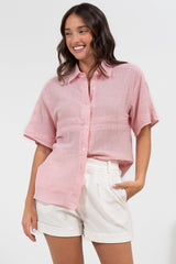 Xara Shirt - Collared Button Down with Lace Detailing in Pink