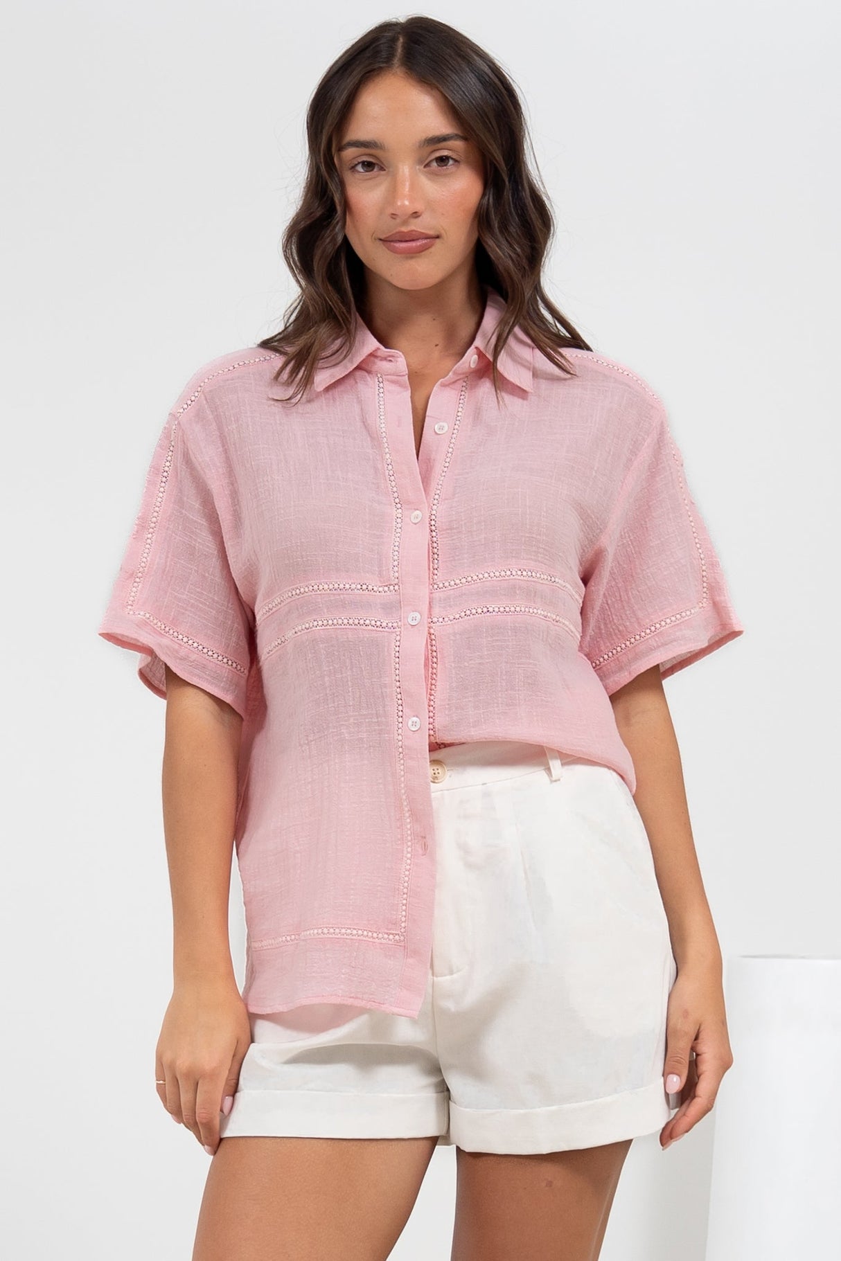 Xara Shirt - Collared Button Down with Lace Detailing in Pink