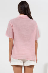 Xara Shirt - Collared Button Down with Lace Detailing in Pink